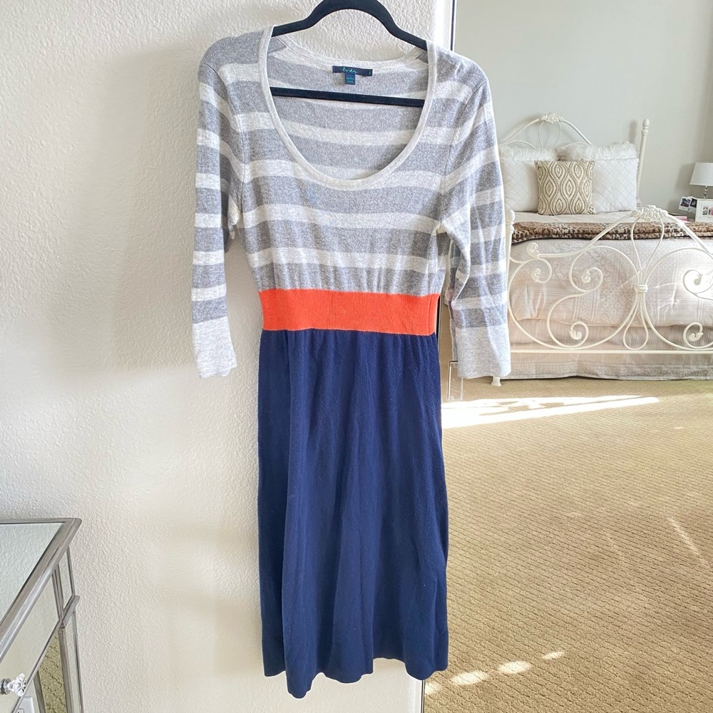 Women's Boden Gray & Navy Striped Maxi Length Long Sleeve Dress Size 12 Long